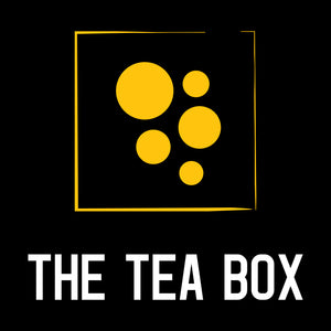 Our logo. Black background with 5 round yellow circles depicting pearls enclosed in a yellow square border. Underneath our company name “The Tea Box”
