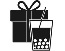 Black and white icon of a glass of bubble tea in front of a large, wrapped gift box