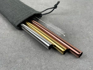 Stainless Steel Bubble Tea Straws 3 pack. Silver, gold, rose gold. Cleaning brush with nylon bristles and drawstring bag