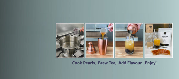 A promotional banner with four small photos showing bubble tea creation: pearls being cooked on a stove, pouring fruit mix into a cocktail shaker, pouring tea into a glass, and a completed bubble tea with kit components. Text below reads 'Cook Pearls, Brew Tea, Add Flavour, Enjoy!