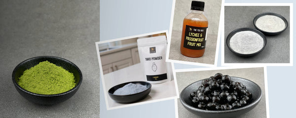 Bubble Tea Ingredient top ups - brown tapioca pearls, taro powder, fruit mix, matcha powder