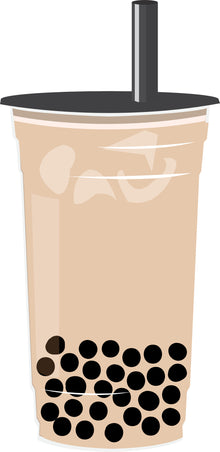 Drawing of a traditional pearl milk bubble tea. Light brown milk tea with brown tapioca pearls sitting in the bottom of a plastic takeaway cup, with a sealed film lid and plastic straw through the lid