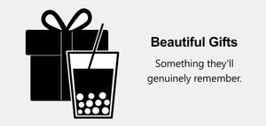 Black-and-white icon with a gift box and a bubble tea, and the text 'Beautiful Gifts' and 'Something they'll genuinely remember.' 