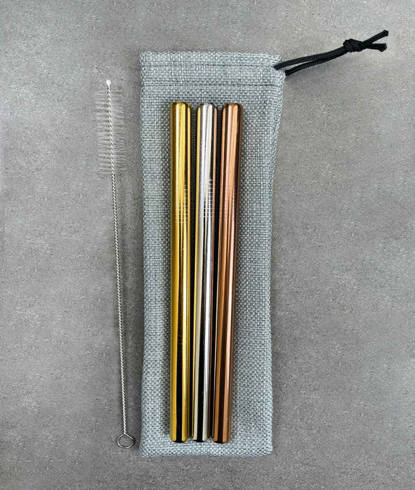 3 Stainless Steel Bubble Tea Straws in drawstring pouch