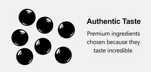 Glossy tapioca pearl icons arranged on the left and the text 'Authentic Taste' with the subtitle 'Premium ingredients chosen because they taste incredible.'