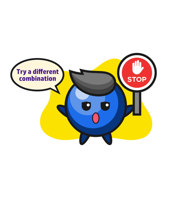Blue tapioca pearl cartoon character. Speech bubble says “Try a different combination”. Character holds a Stop sign. Do not select this option