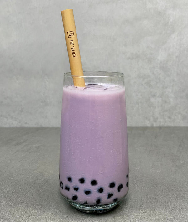 Completed Taro Bubble Tea with Brown tapioca pearls and Bamboo Bubble Tea Straw